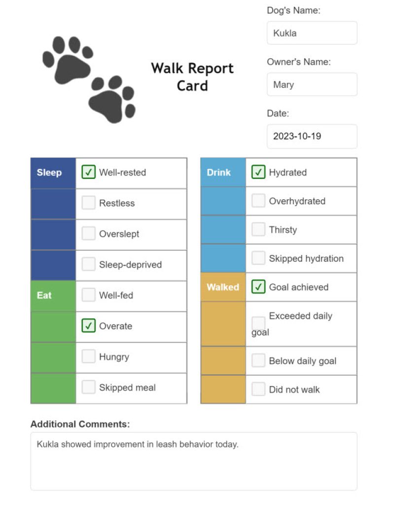 Dog Walker PDF Report Card