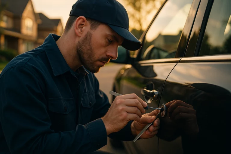 Locksmith using tools to unlock a car door in Michigan neighborhood.