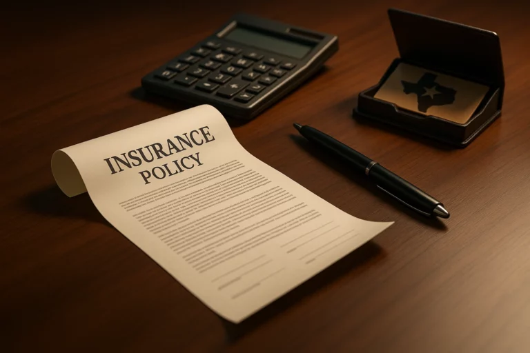 Insurance policy document and tools on a wooden desk with Texas designs.