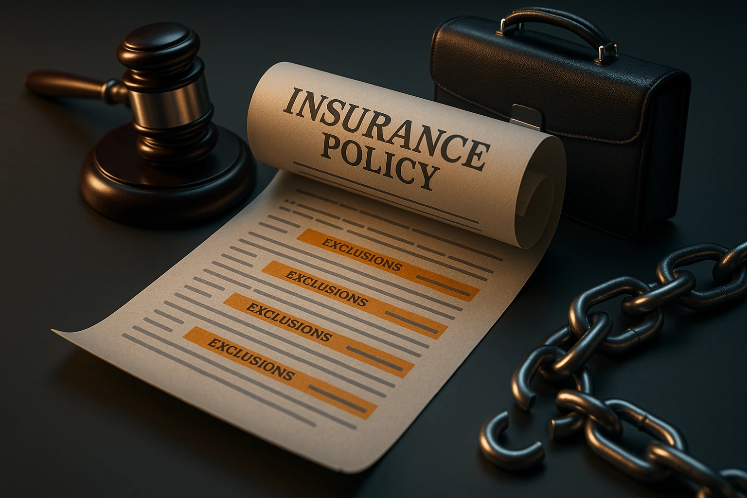 Detailed insurance policy document with symbolic items representing exclusions. Detailed insurance policy document with symbolic items representing exclusions.