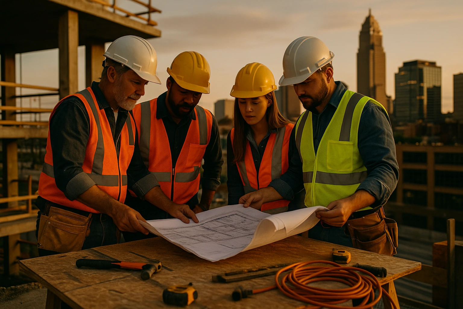 Contractors discussing plans at construction site in Ohio during golden hour