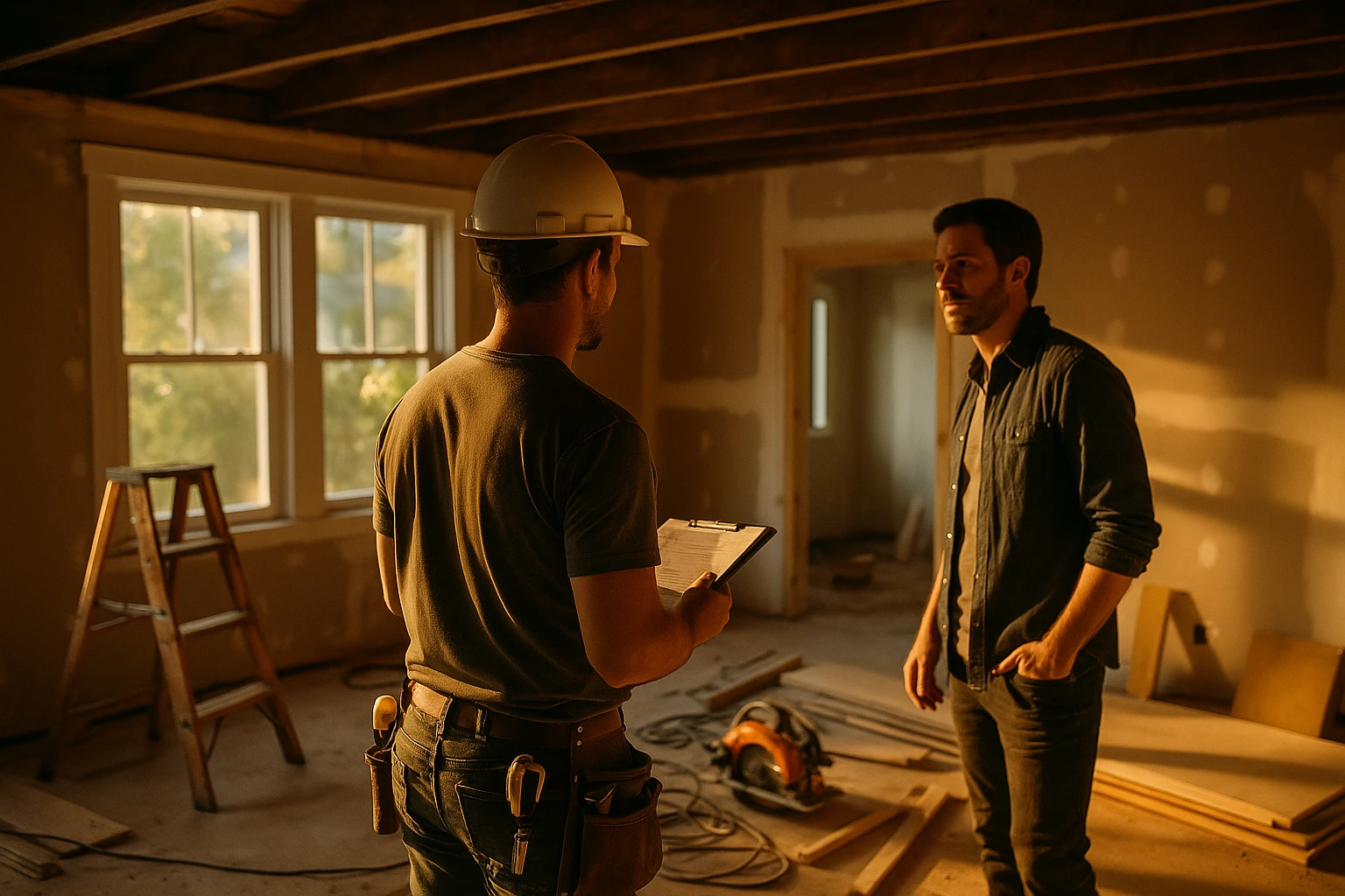 Contractor inspecting a renovated living room with homeowner present. Contractor inspecting a renovated living room with homeowner present.