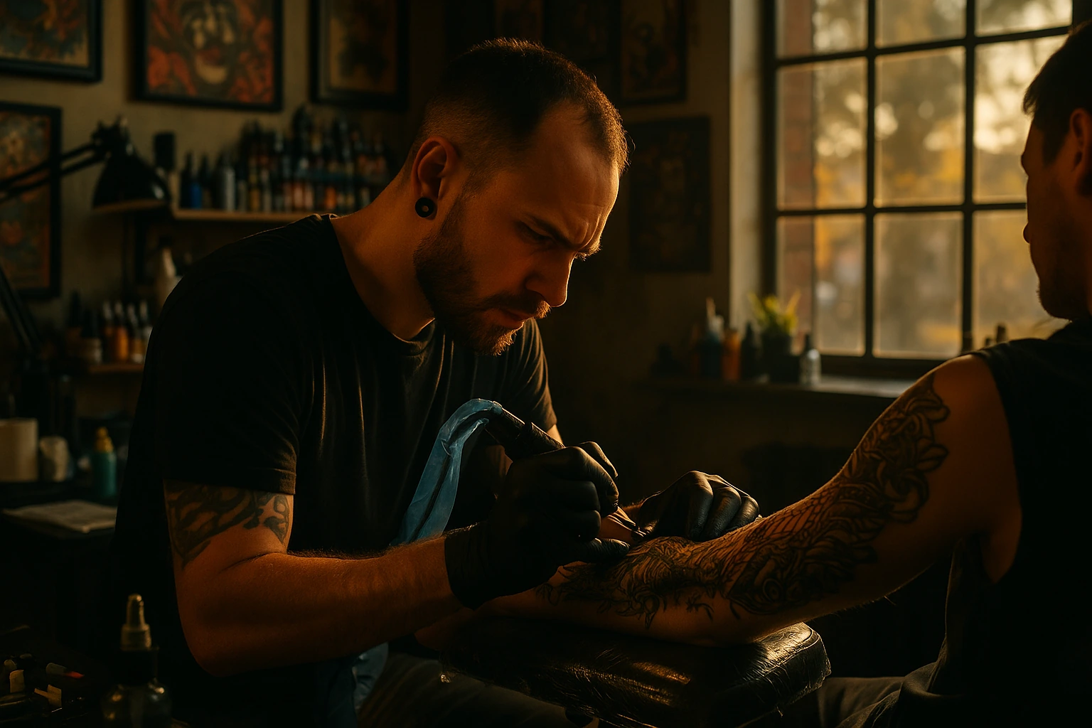 Tattoo artist working on a client's arm in a well-lit tattoo shop with artwork on the walls.