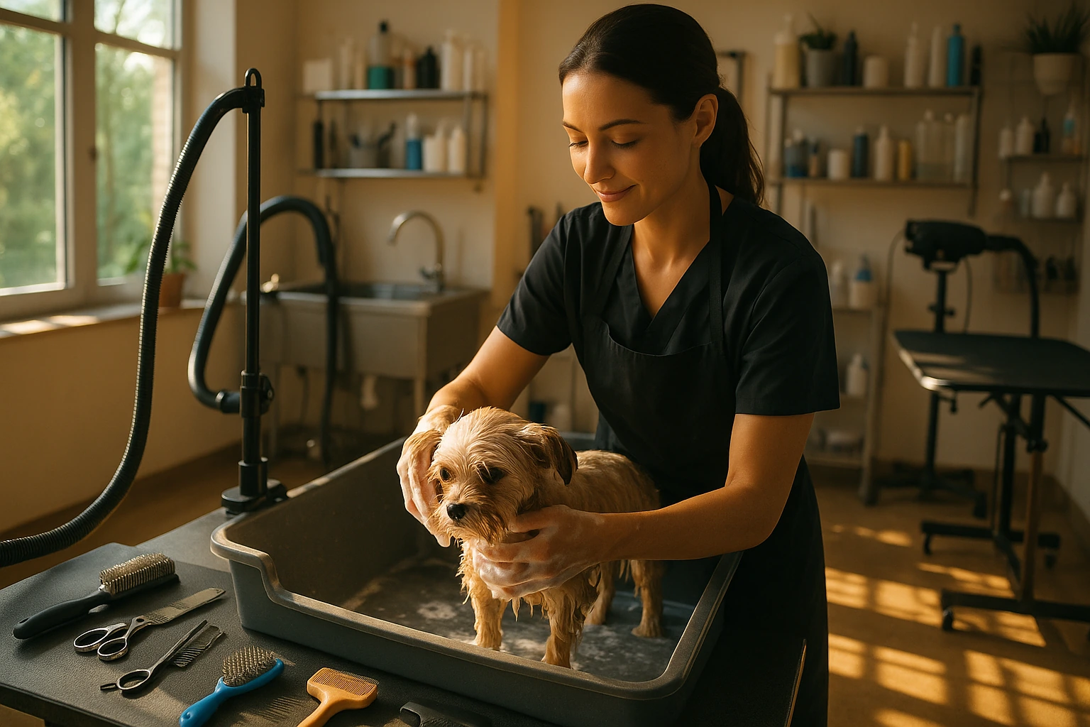 Woman bathing a small dog in a grooming tub, surrounded by pet care tools in a well-lit room.